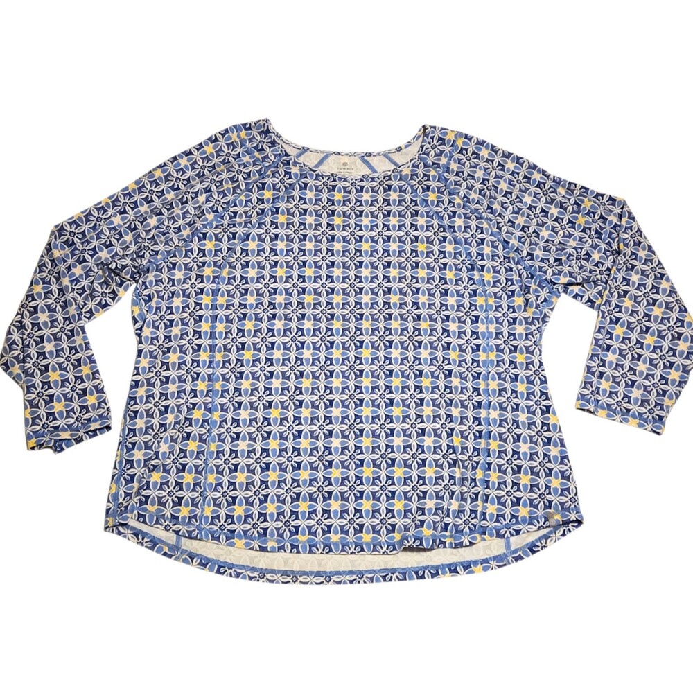 T by Talbots Long Sleeve Top Blue Yellow Print w/ Top Stitching Womens Size 3X